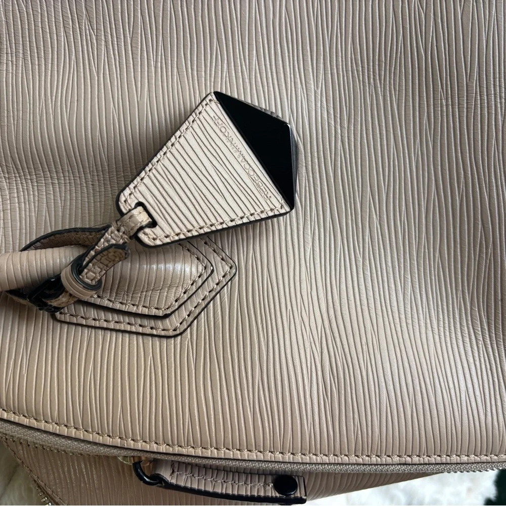 Rebecca Minkoff Beige Saffiano Leather Zip Tote Bag Wide Opening